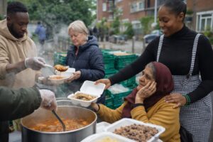 People serving and receiving food outdoors