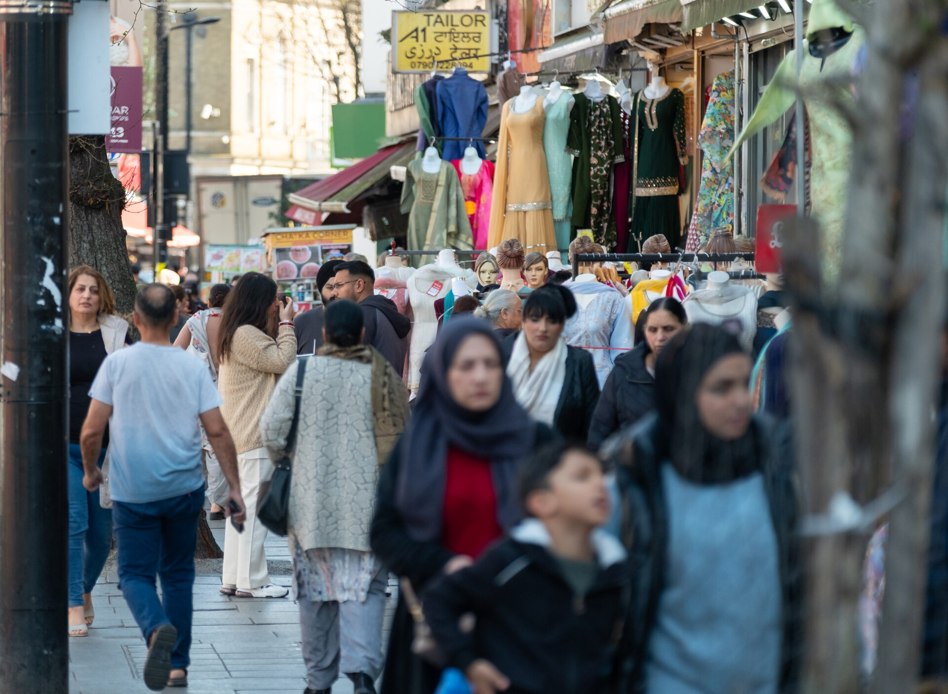 Southall Highstreet with crowds of people walking.